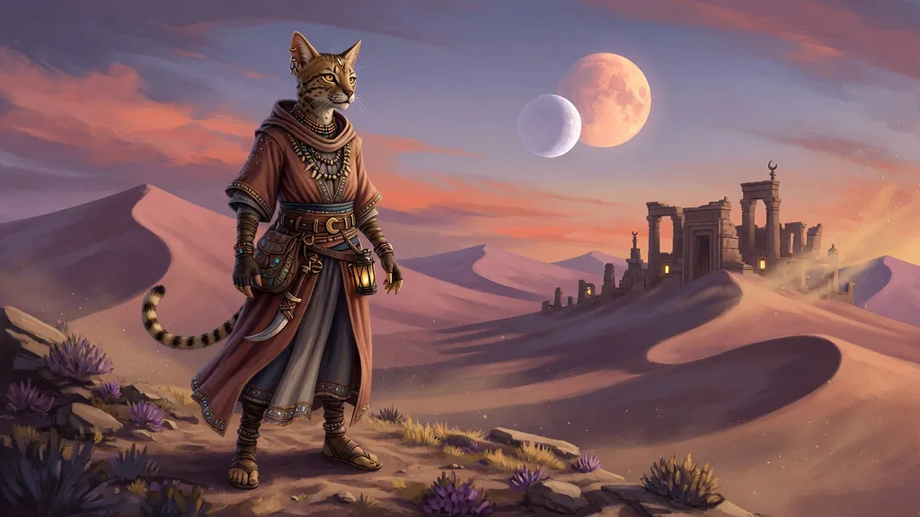 A warm Khajiit desert market at dusk in Elsweyr