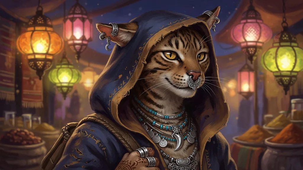 Close-up of a striped Khajiit merchant with golden eyes and a hooded desert cloak by glowing market lanterns