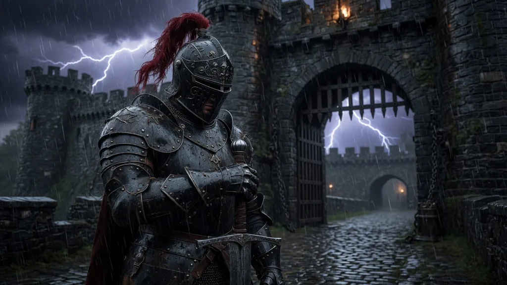 A dark armoured knight in black plate standing in shadow against a stormy fortress gate — alternate knight for the knight name generator