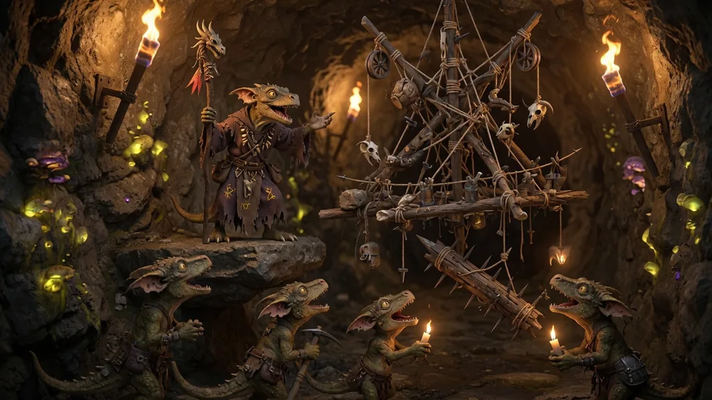A pack of kobolds gathered around an elaborate trap in a dimly lit tunnel, one robed kobold acting as shaman — artwork for the kobold name generator