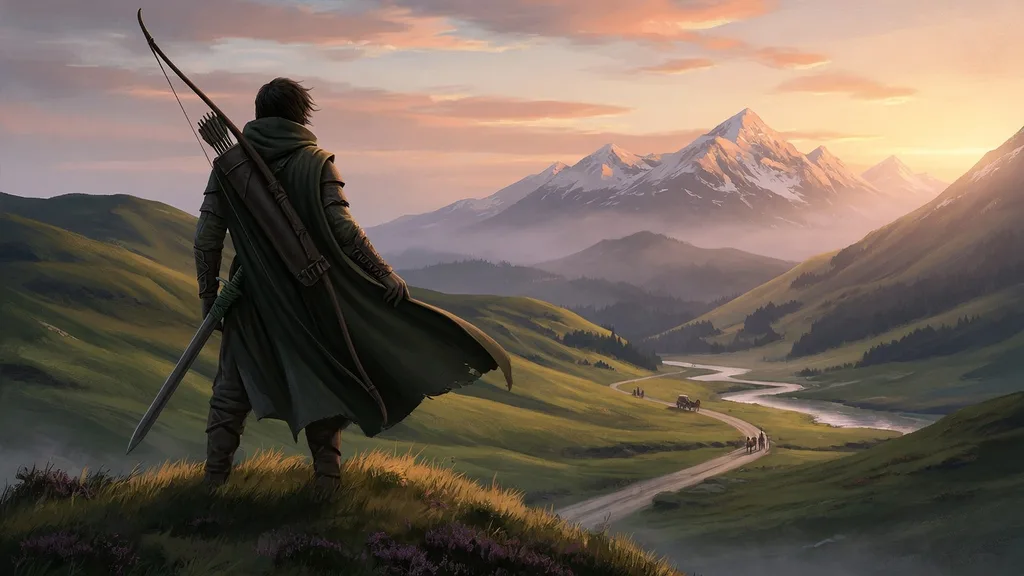 Rolling hills and distant misty mountains of Middle-earth