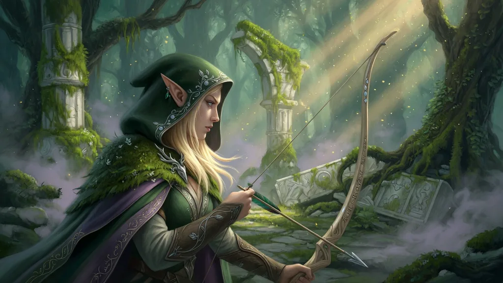 Ancient moss-covered Elven forest ruin among towering trees, shafts of pale light through the canopy
