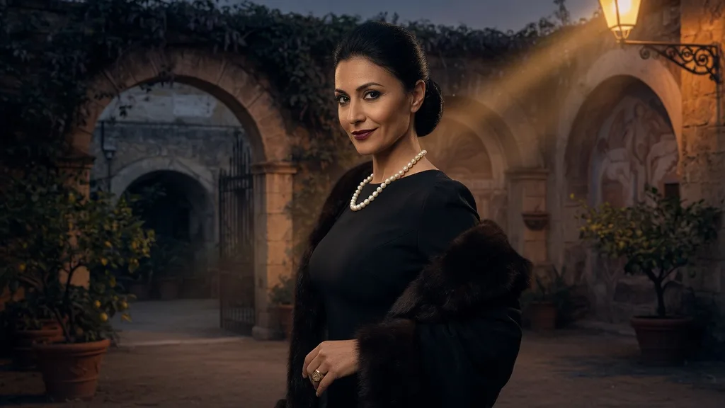 Elegant mafia matriarch in a black dress and fur-trimmed coat standing in a dim Sicilian courtyard at dusk — scene art for the mafia name generator