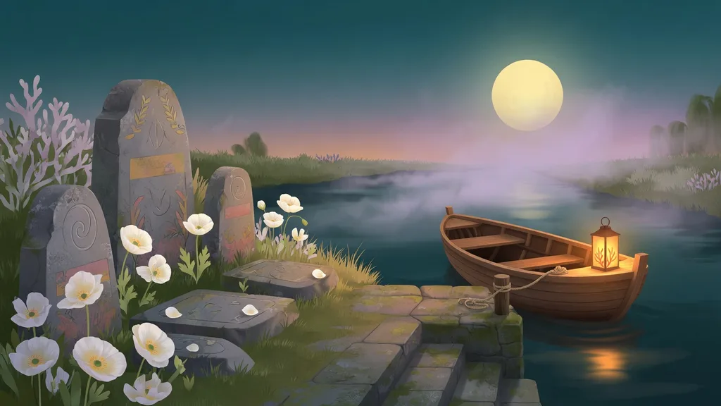 A ferry boat with a lantern waiting at a stone landing at dusk, memorial stones and white poppies on the bank — cover art for names that mean death