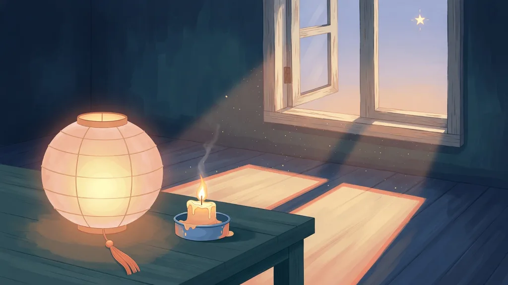 A paper lantern and a candle on a table with dawn light spilling through a window and a last star in the sky — cover art for names that mean light
