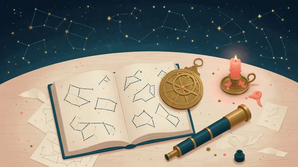 An astronomer's desk at night with a star atlas, astrolabe and telescope, the same constellations hanging in the sky above — cover art for names that mean star