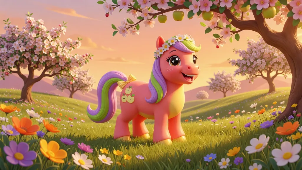 A cheerful cartoon earth pony surrounded by apple trees and flowers in a sunlit meadow — naming-convention illustration for the My Little Pony name generator