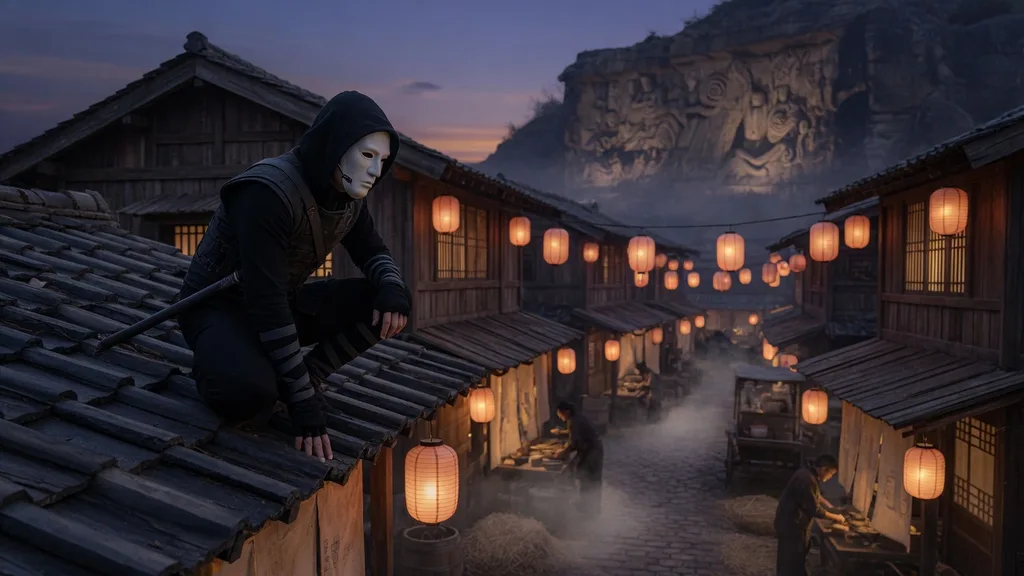 Original anime-inspired shinobi clan household with lantern-lit rooftops in a hidden village at dusk — atmosphere art for the Naruto name generator