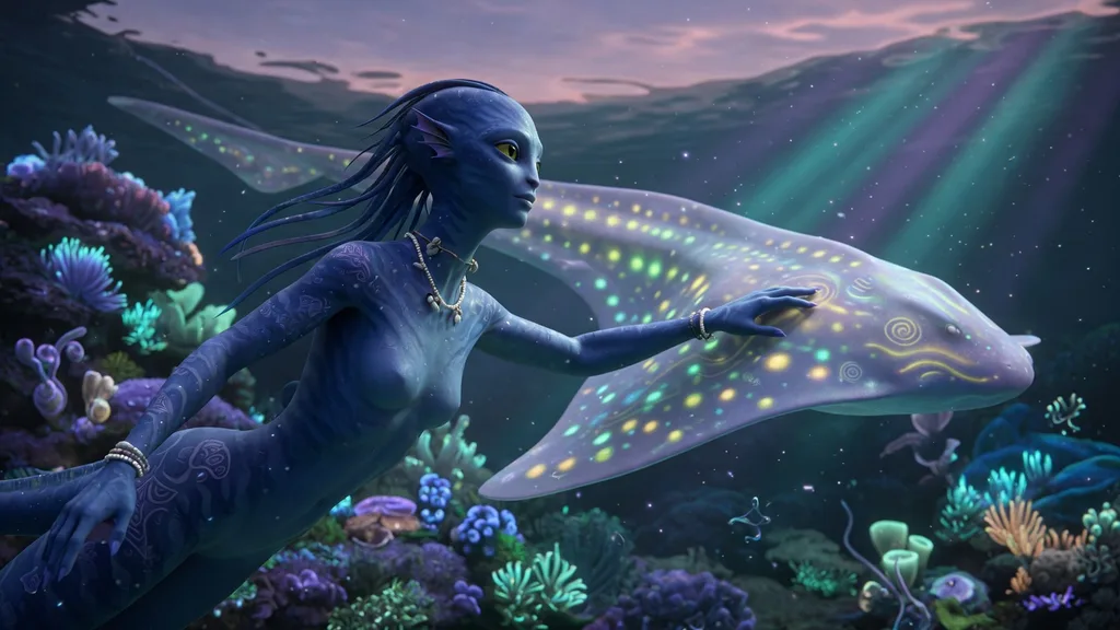 Blue-skinned alien reef-dweller swimming near a glowing bioluminescent coral reef at twilight — artwork for the Na'vi name generator