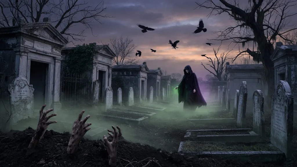 A fog-covered necropolis at dusk with cracked mausoleums, skeletal hands emerging from disturbed earth, and a distant hooded necromancer figure — scene art for the necromancer name generator