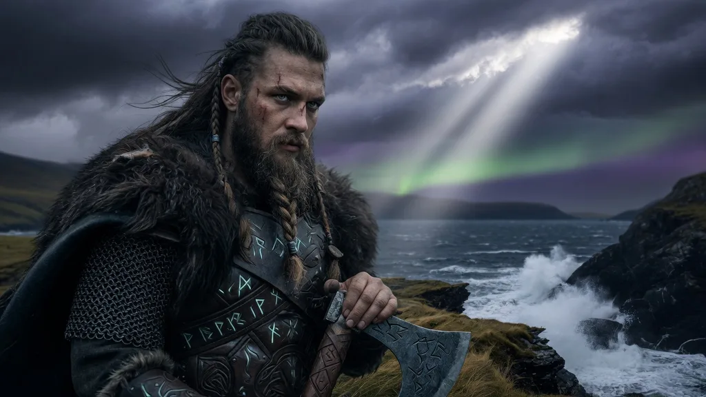 Bearded Norse warrior with runic detailing and braided beard beside a stormy fjord at dusk — the world of the Norse name generator