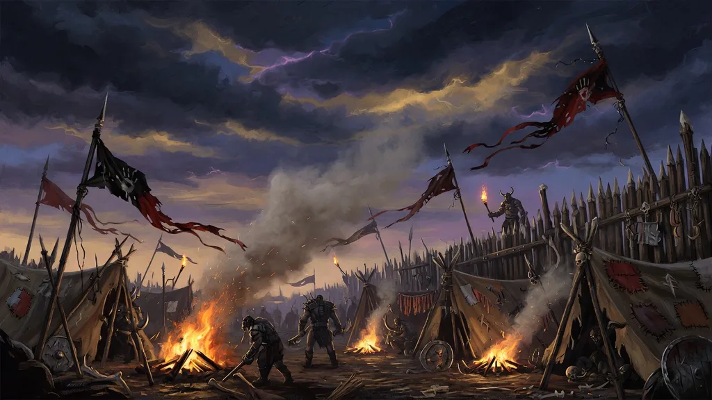 Orc war camp at dusk with banners, torches and tents, warriors gathered around fires — artwork for the orc name generator