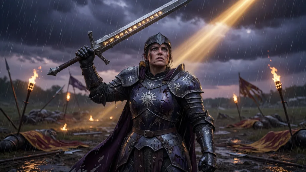 Grim Vengeance paladin in dark-toned plate armour, sword drawn, standing on a rain-soaked battlefield at dusk — artwork for the paladin name generator