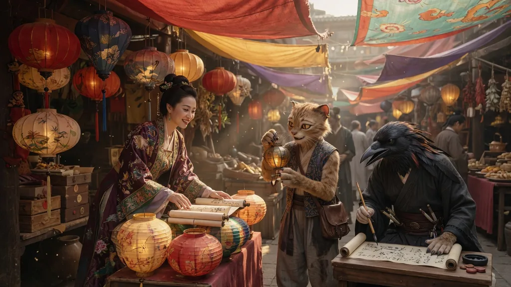 A Golarion market street with a Tian human merchant, a catfolk trader, and a tengu scribe exchanging goods under painted banners — scene art for the Pathfinder name generator