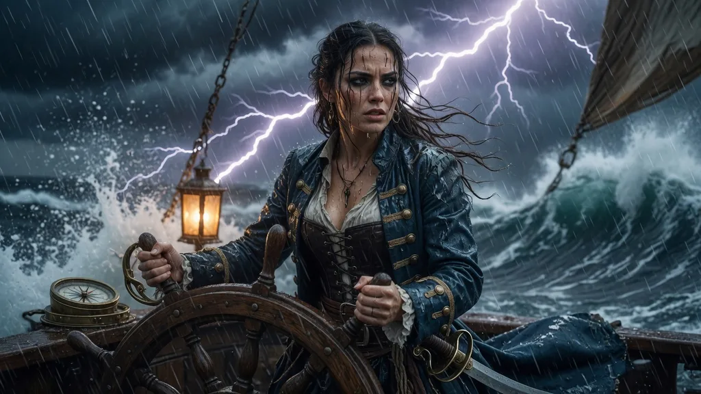 Fierce pirate woman at the helm of a ship in a storm, rain-soaked and resolute