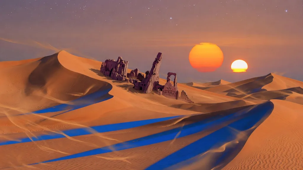Surface of an alien desert world with twin suns low on the horizon over wind-carved dunes and distant ruins