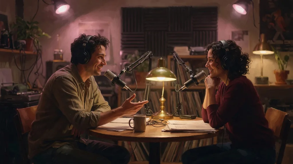 Two hosts recording a conversation at a podcast table with microphones and warm studio light — artwork for the podcast name generator