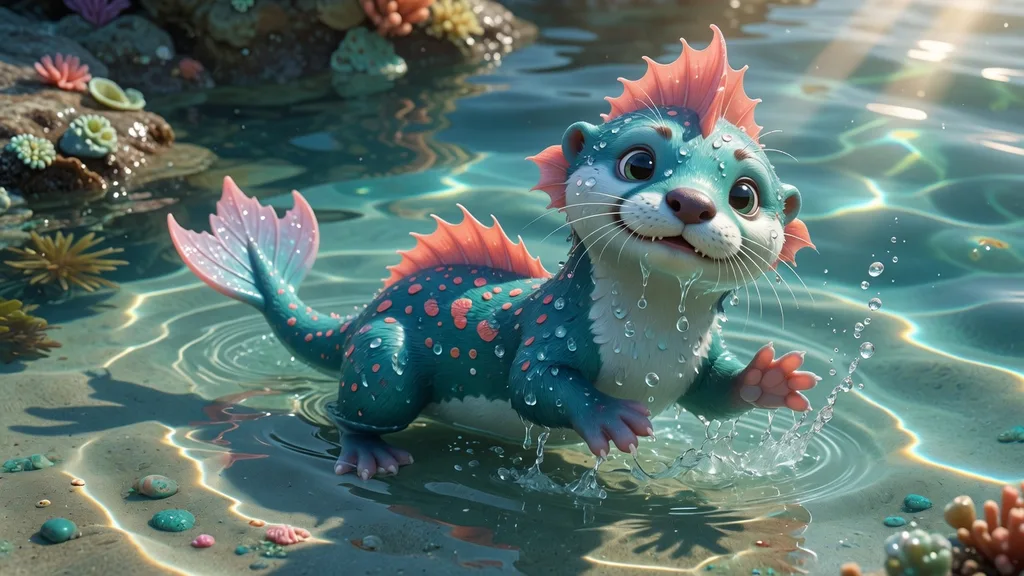 Original aqua-blue otter-like water creature with a coral fin, splashing in a sunlit tide pool