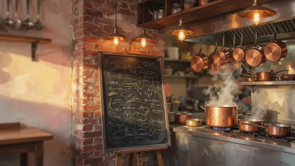 Restaurant name generator artwork of a handwritten chalkboard menu beside an open kitchen pass with warm pendant lighting