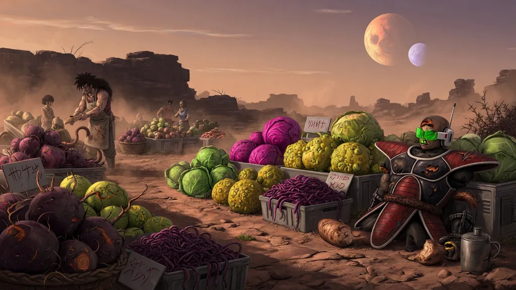 Close-up of an alien vegetable market on a Saiyan homeworld with roots, cabbages and gourds piled beside a warrior's armor