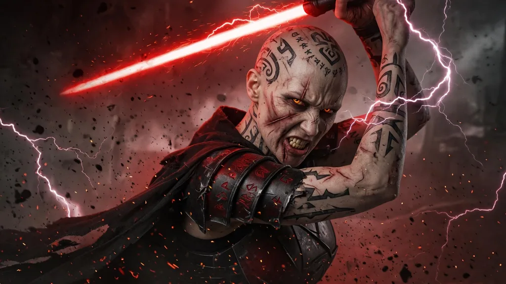 A different original Sith lord with tattooed skin and yellow eyes raising a red blade in a storm of dark energy