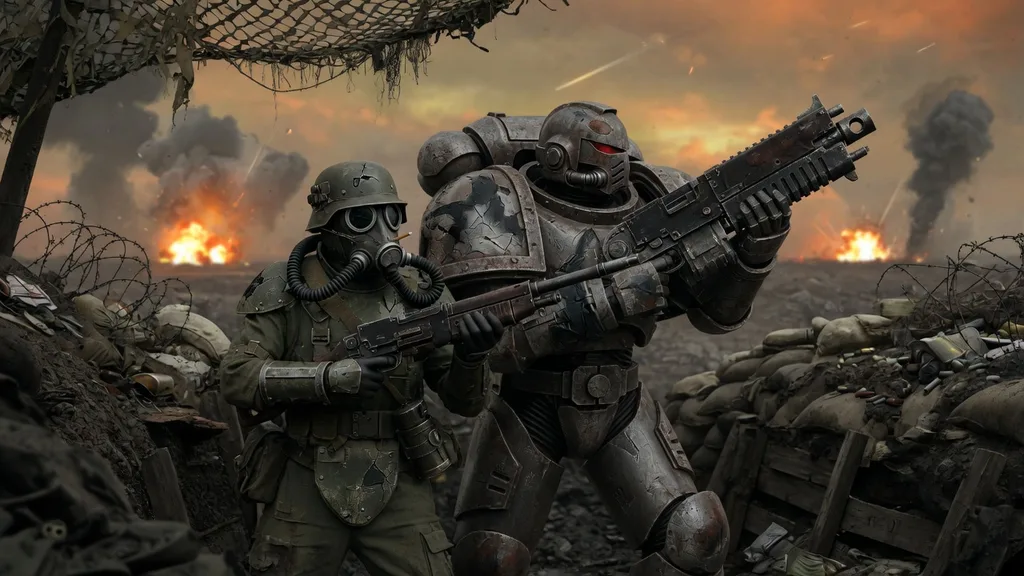 Grim Imperial Guard trooper and battle-worn Space Marine standing together in a ruined trench under a smoke-filled sky, artwork for the space marine name generator