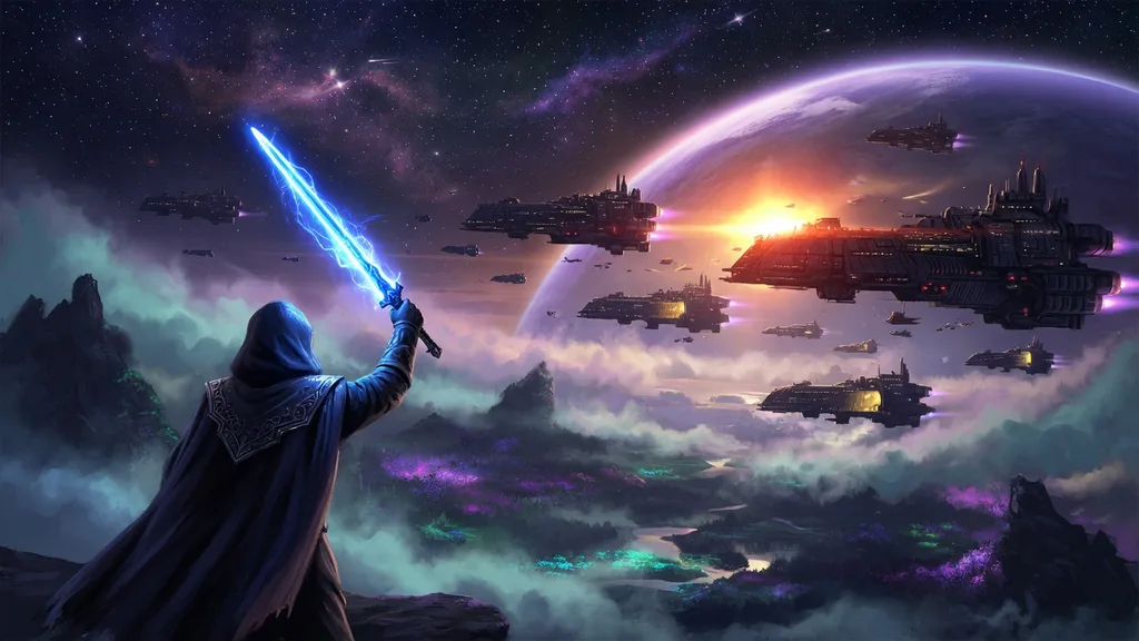 Hooded figure holding a glowing energy blade before a fleet of starships — space opera key art