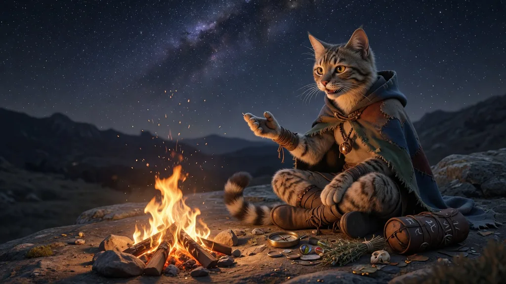 A tabaxi wanderer resting by a campfire under a starlit sky, telling a story with an open hand — artwork for the tabaxi name generator