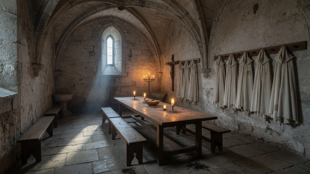 Robed knights of a military order kneeling in vow before an altar in a candlelit chapter house