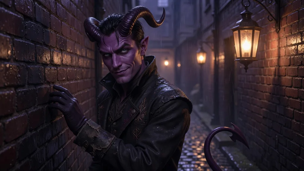 A violet-skinned tiefling rogue with swept-back horns lit by lantern light in a shadowed alley