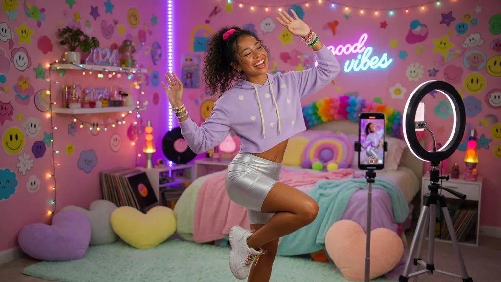 Content creator dancing and recording a video on a phone in a colourful aesthetic room setup — artwork for the TikTok name generator