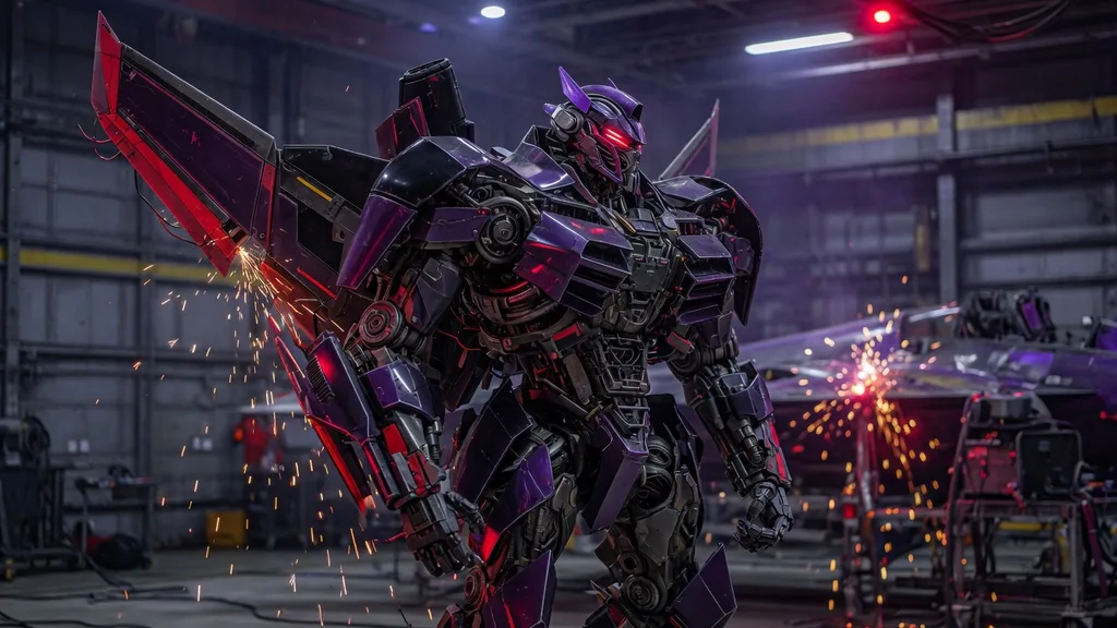 Sleek dark purple-and-black robot warrior mid-transformation with mechanical panels shifting in a moody hangar bay lit by welding sparks — artwork for the Transformers name generator