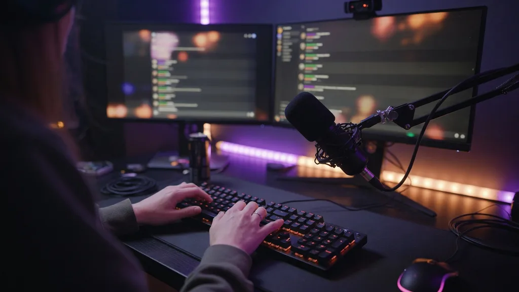 Streamer's hands on a keyboard beside a webcam and microphone, chat scrolling on a second monitor in a dim RGB-lit room — scene art for the Twitch name generator