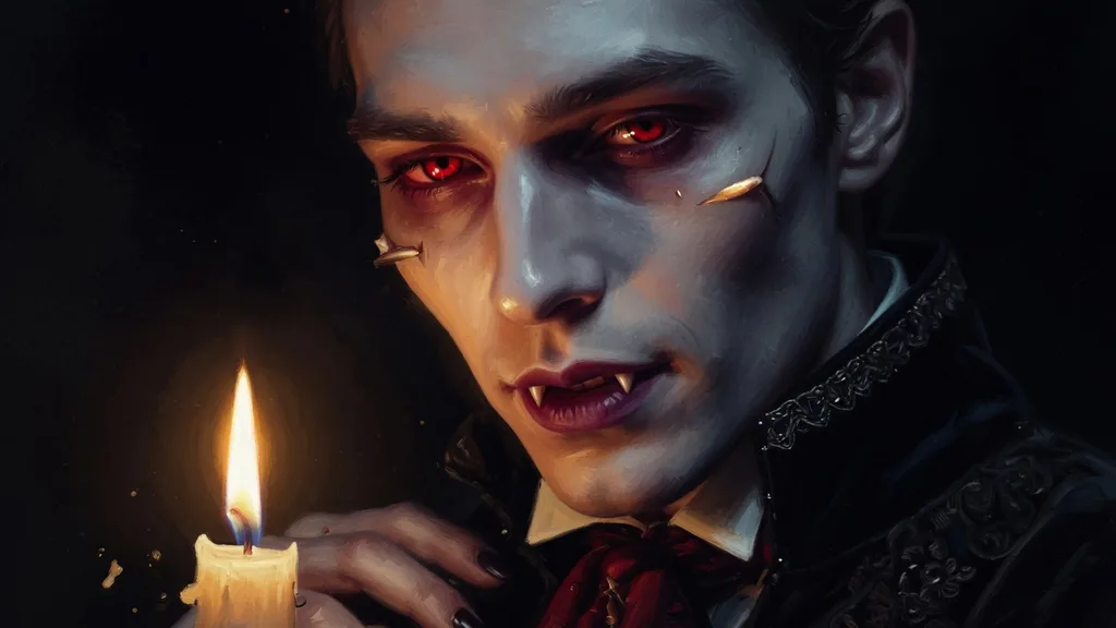 Close-up of a pale vampire with crimson eyes lit by a single candle flame
