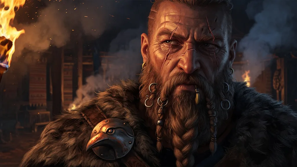 A bearded Viking warrior lit by torchlight, weathered face and braided beard against the dark of a longhall