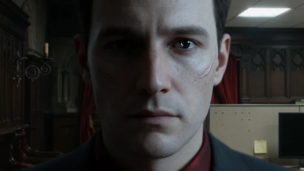 Close-up of a villain's face half-lit by cold office light, ambiguous between menace and ordinariness