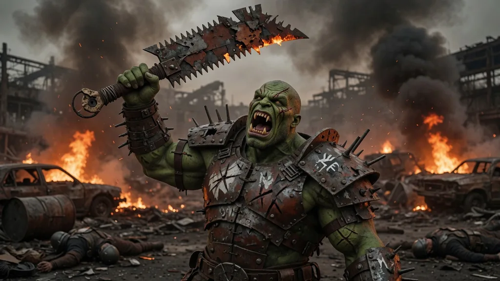 Brutal grimdark alien warrior in the style of a 40K-universe Ork or Eldar, dark atmospheric battle scene — artwork for the Warhammer 40K name generator