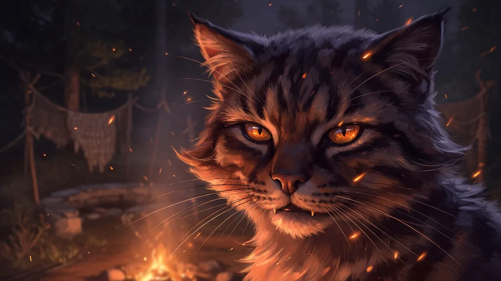 Close-up of a Clan cat's face lit by warm firelight against the dark of a forest camp