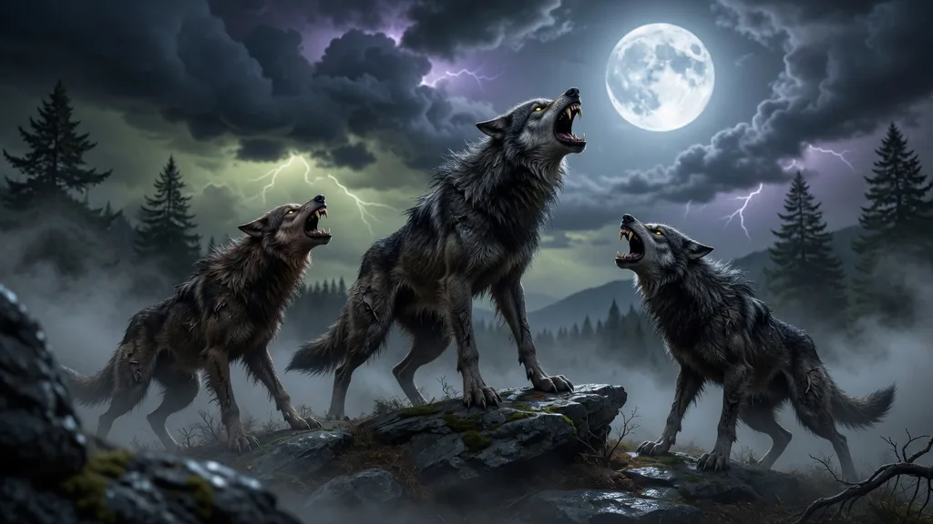 A werewolf pack howling on a moonlit ridge — scene art for the werewolf name generator, depicting pack hierarchy and lycan mythology