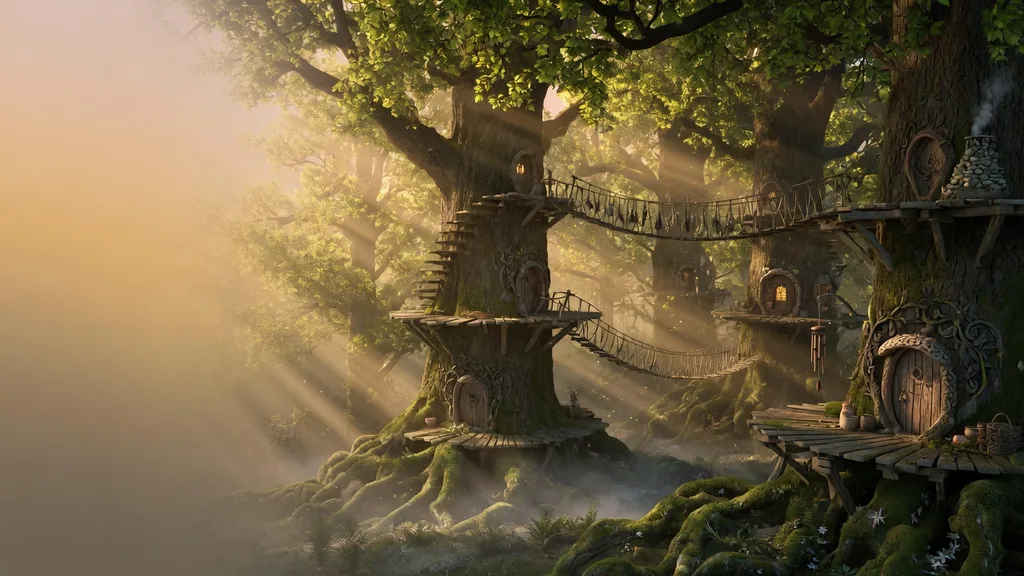 A sunlit woodland elf settlement built into and around massive ancient trees, rope bridges strung between platforms