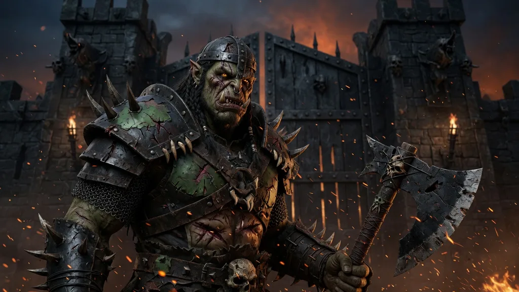 An original armoured fantasy hero from an Azeroth-inspired world standing before a vast citadel at dusk — section art for the World of Warcraft Name Generator