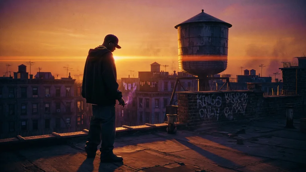 A gritty New York rooftop at golden hour