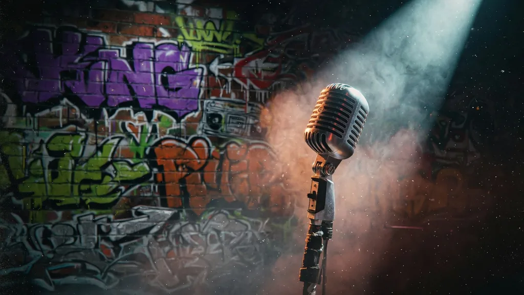 A vintage microphone in a smoky spotlight against a graffiti-covered brick wall, hip-hop poster aesthetic