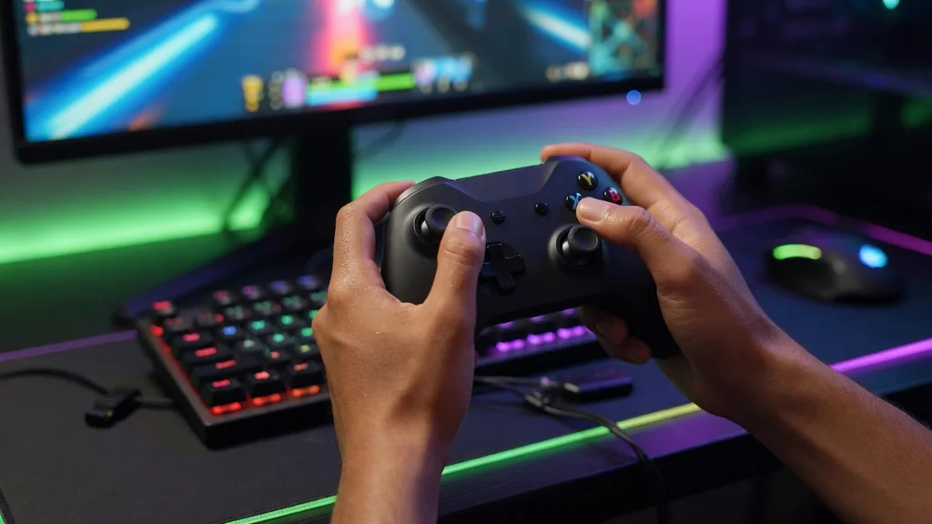 Hands gripping a wireless controller lit by green and purple screen glow at a dark gaming desk
