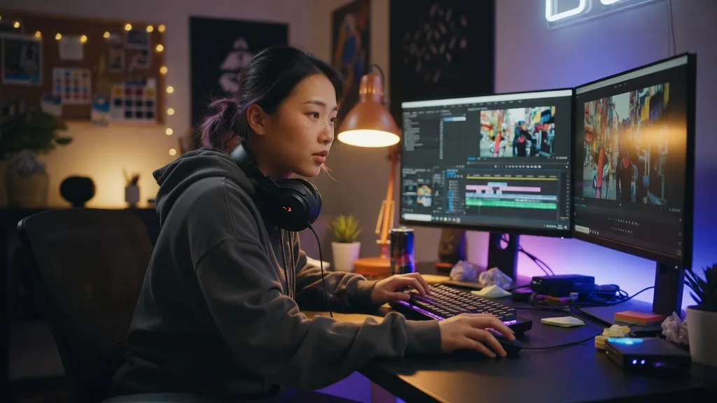 Content creator editing footage at a desk with dual monitors in a warm-lit home studio